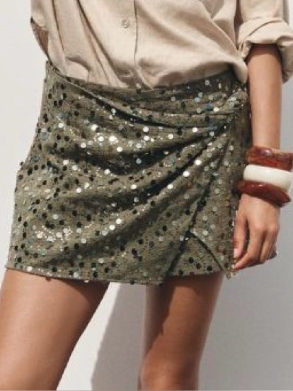 Zara Sequin Wrap Mini Skirt - Olive